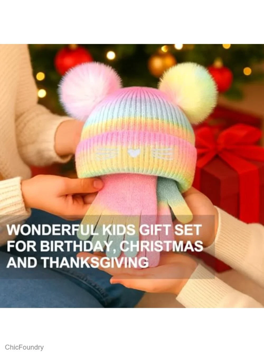 Cat Embroidery Knit Beanie and Gloves Set with Pompoms